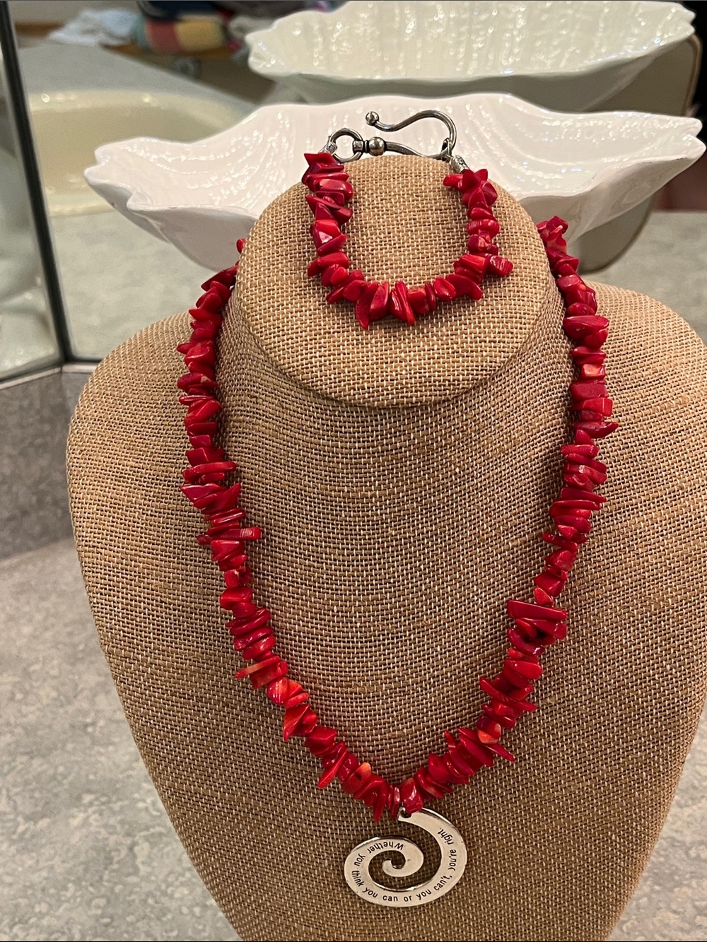 Red Coral Bead Necklace and Bracelet Set with Spiral Pendant